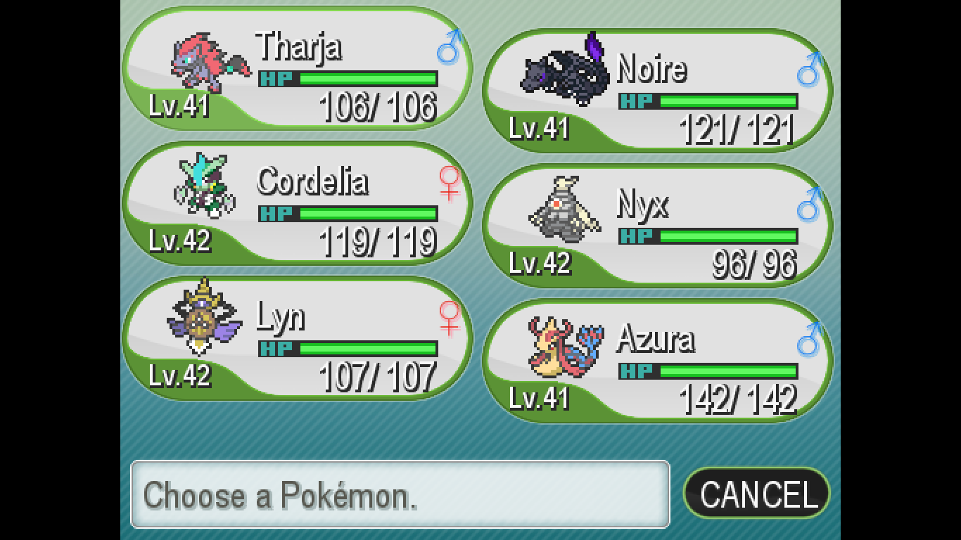 Current team for a Pokémon Unbound Randomizer Hardcore Nuzlocke